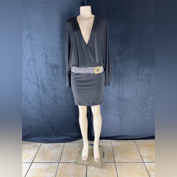 Elegant Black Dress with Striped Belt by Mandalay - Picture 1 of 5